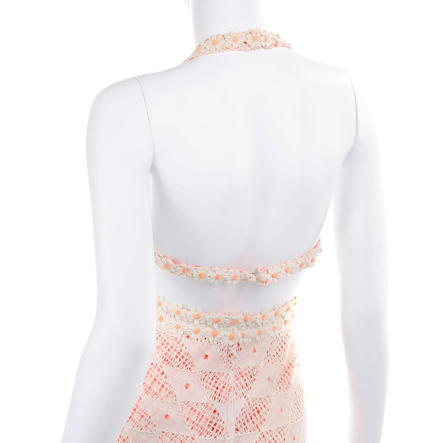 1970s Eloise Curtis Orange & White Lace & Gingham Cutout Halter Maxi Dress