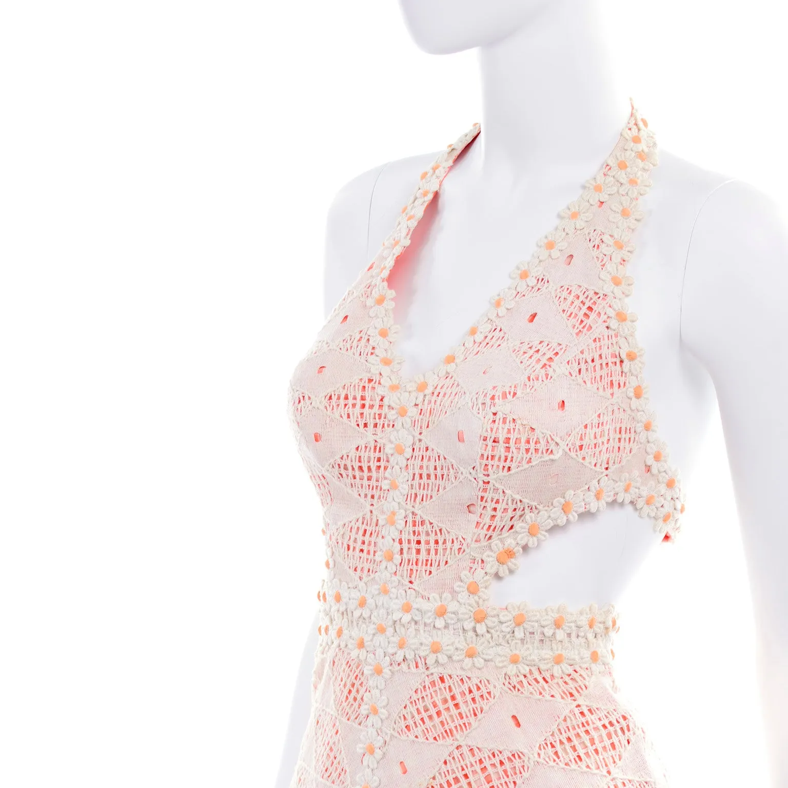 1970s Eloise Curtis Orange & White Lace & Gingham Cutout Halter Maxi Dress