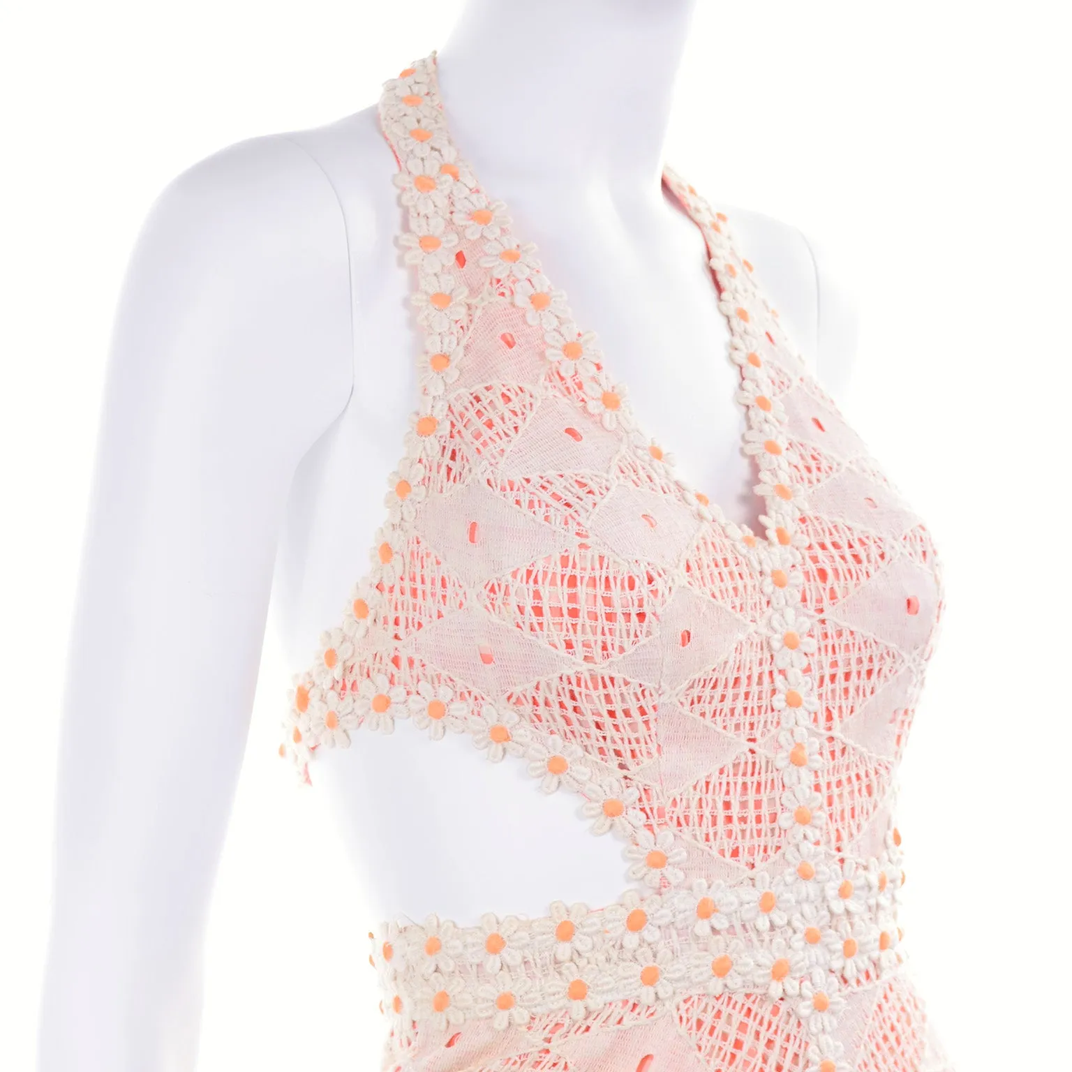 1970s Eloise Curtis Orange & White Lace & Gingham Cutout Halter Maxi Dress