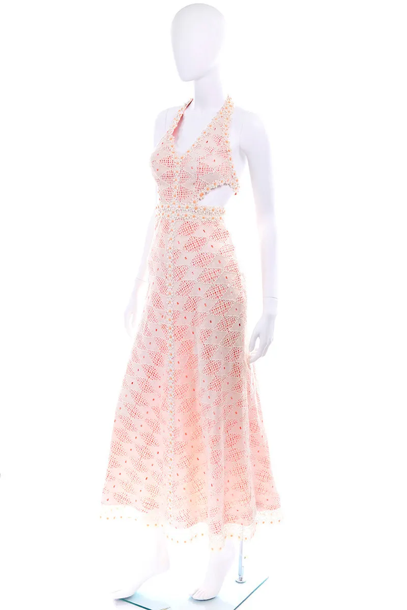 1970s Eloise Curtis Orange & White Lace & Gingham Cutout Halter Maxi Dress