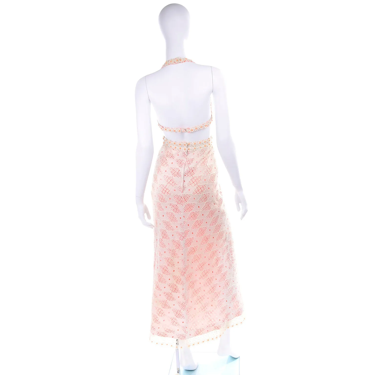 1970s Eloise Curtis Orange & White Lace & Gingham Cutout Halter Maxi Dress