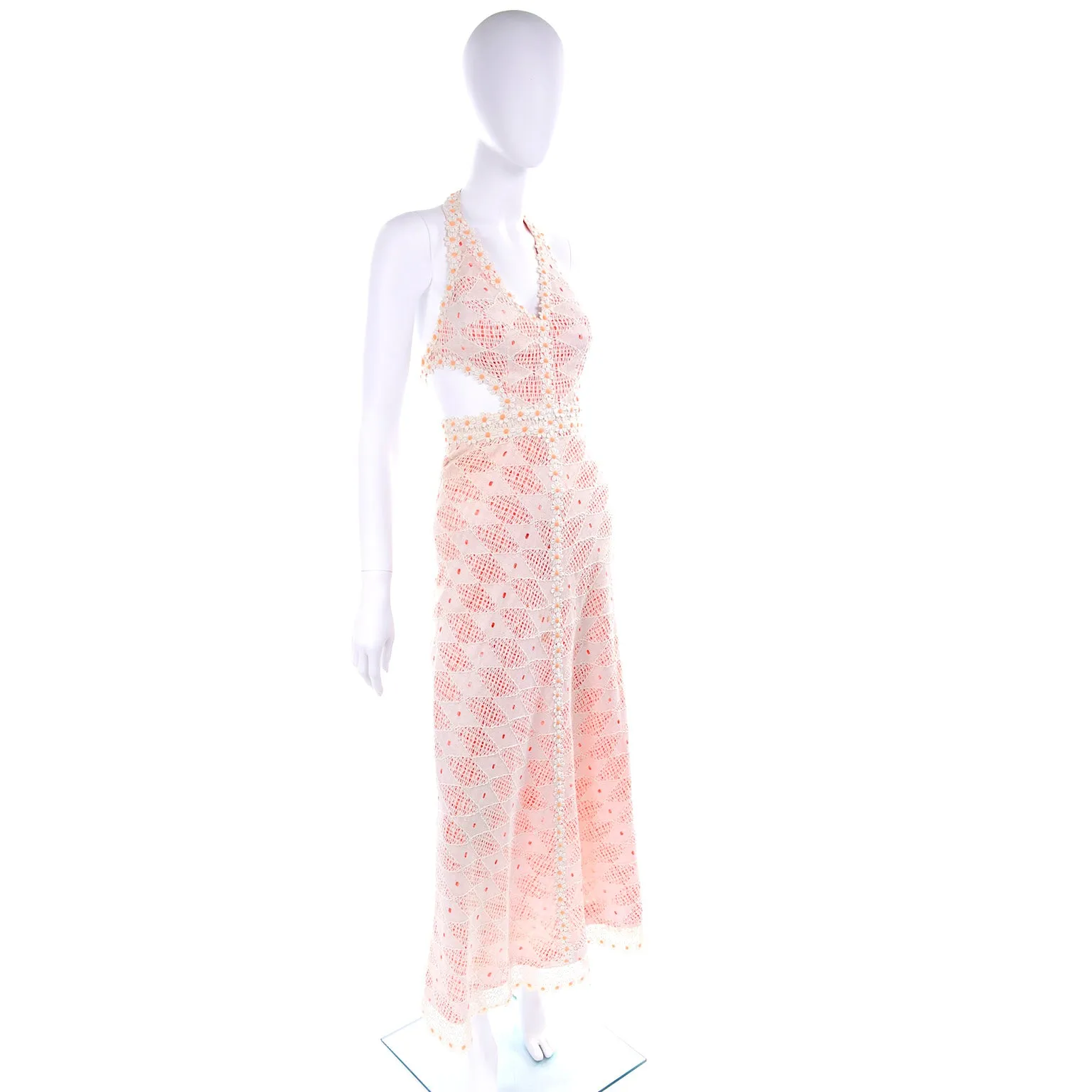 1970s Eloise Curtis Orange & White Lace & Gingham Cutout Halter Maxi Dress