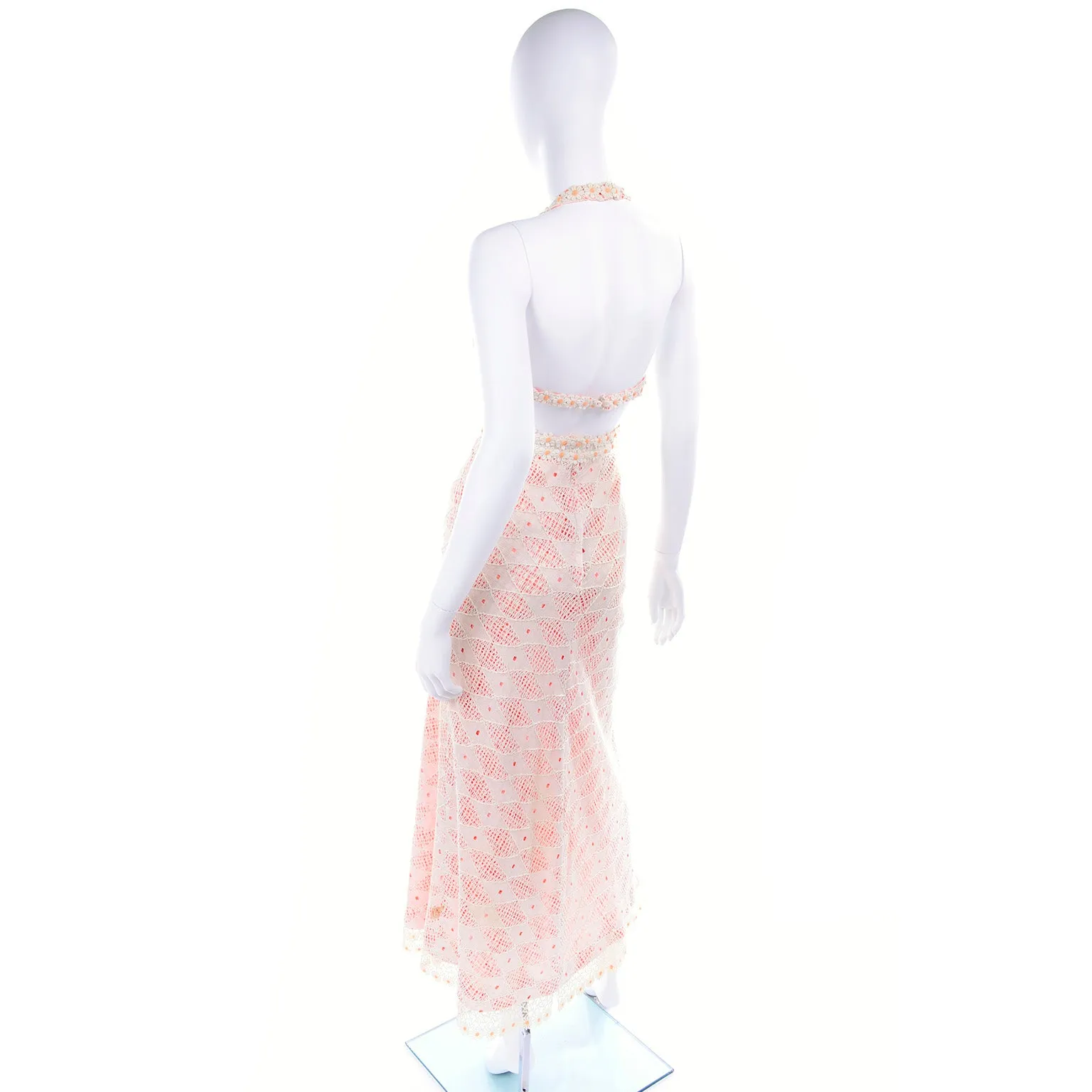 1970s Eloise Curtis Orange & White Lace & Gingham Cutout Halter Maxi Dress