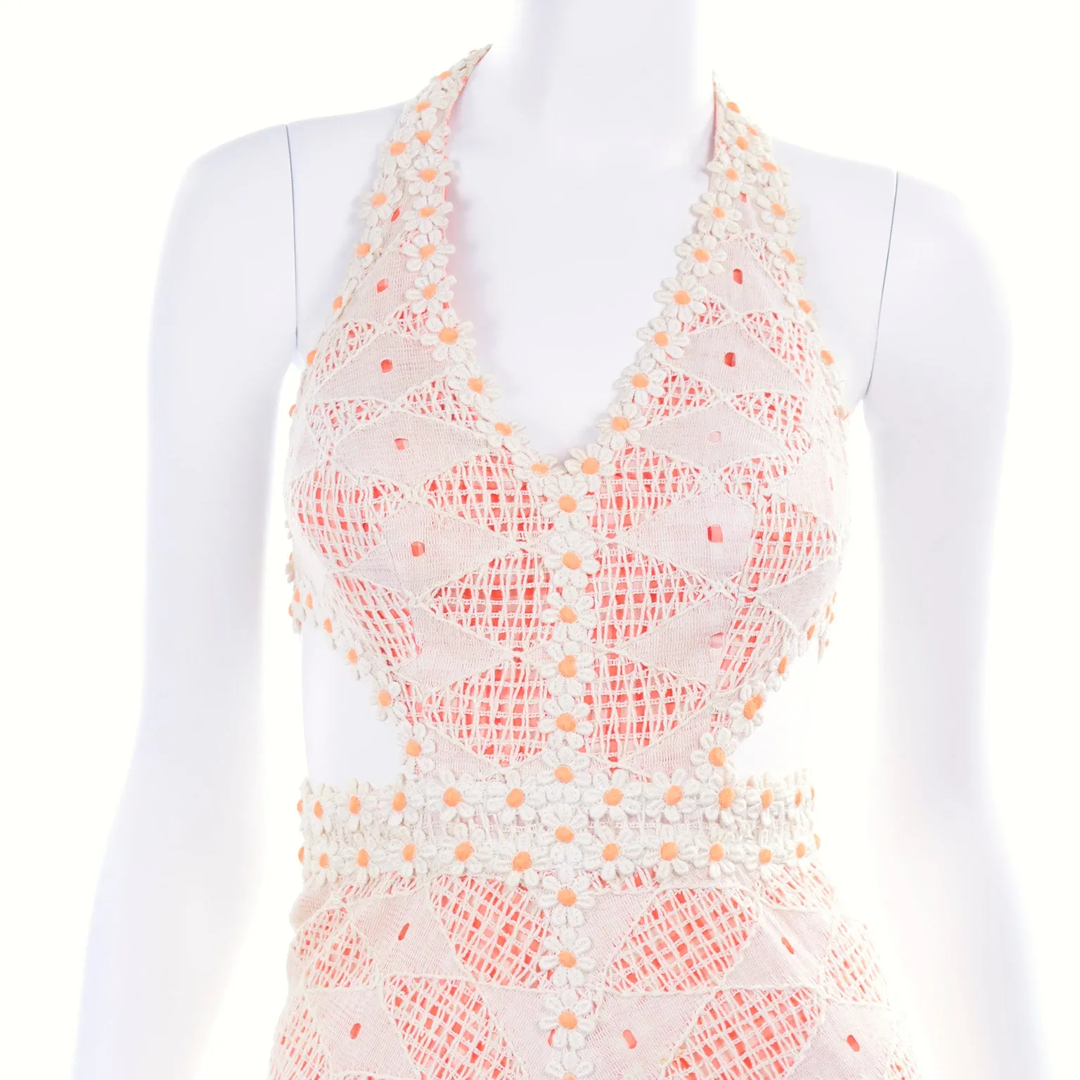 1970s Eloise Curtis Orange & White Lace & Gingham Cutout Halter Maxi Dress