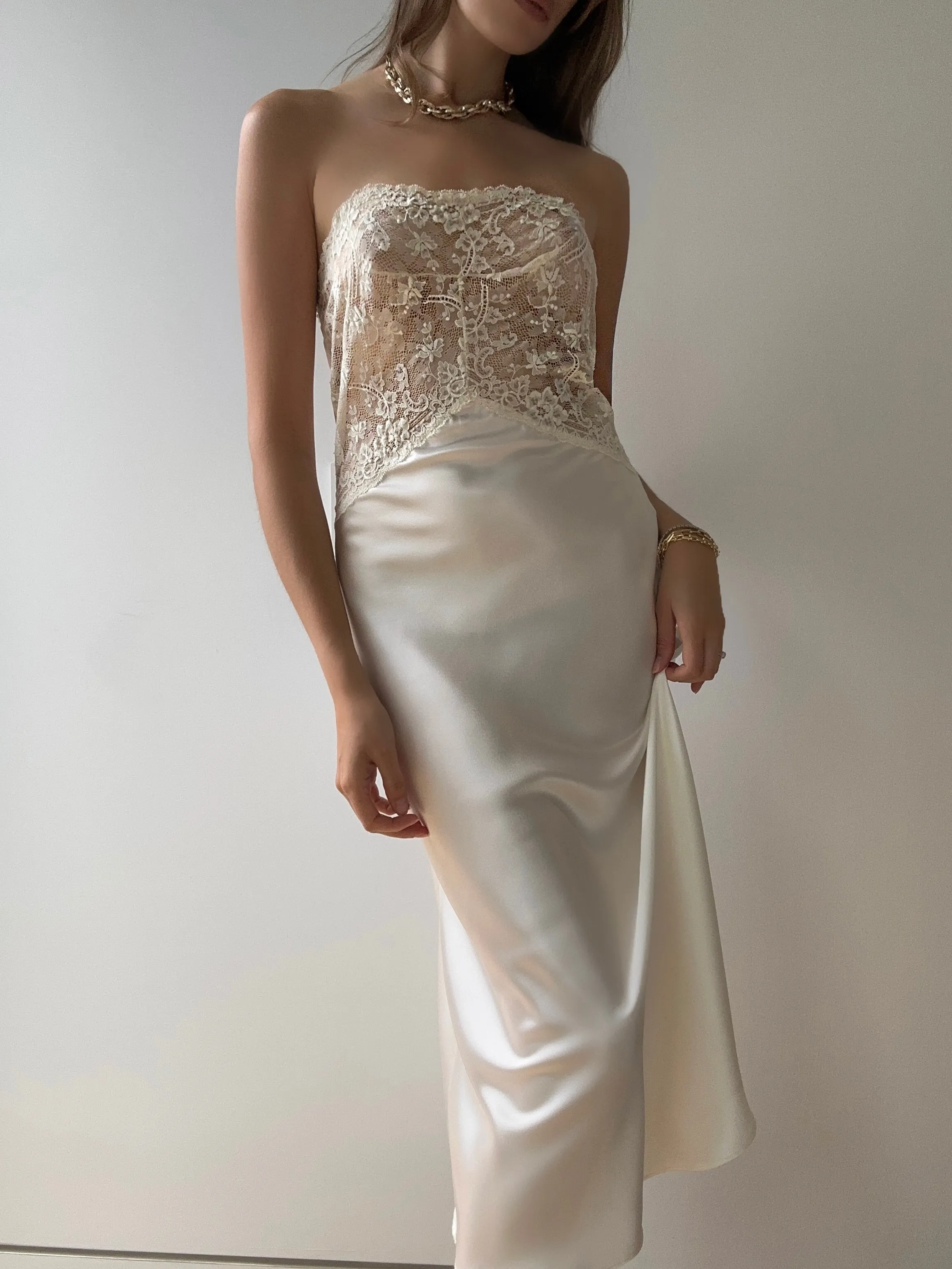1990s White Satin Strapless Dress