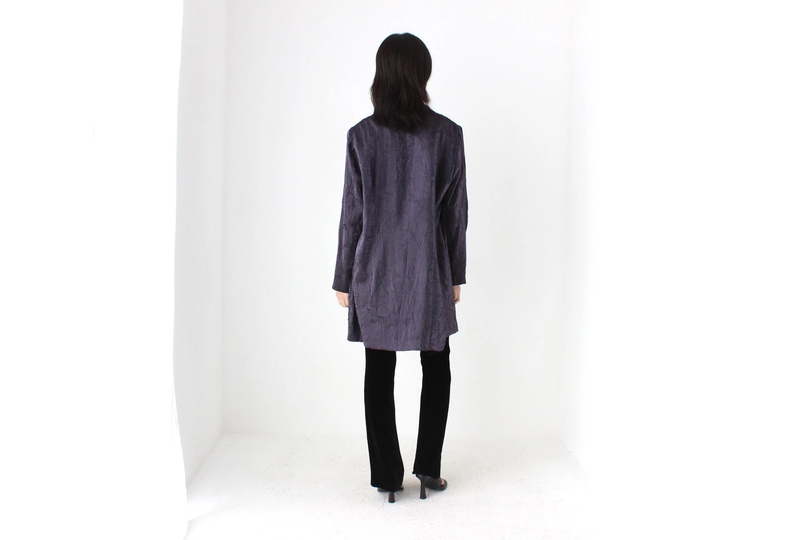 90s Deep Purple Metallic Crinkle Single Button Trench Coat