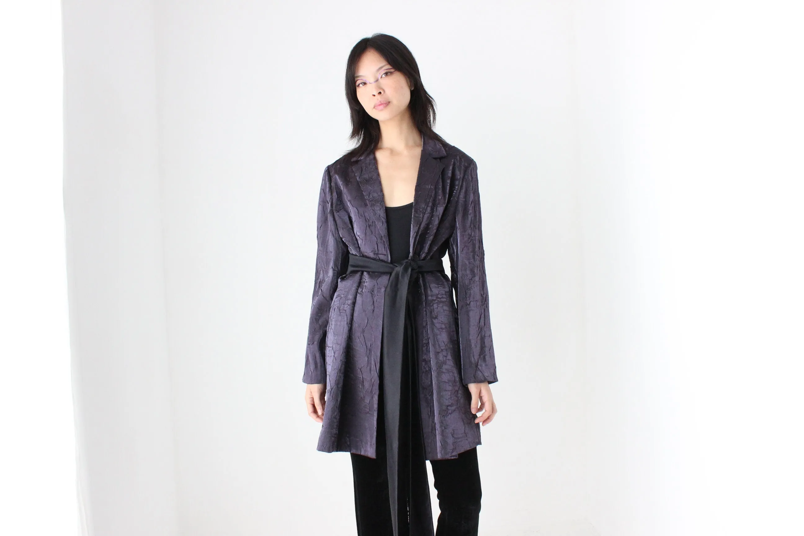 90s Deep Purple Metallic Crinkle Single Button Trench Coat