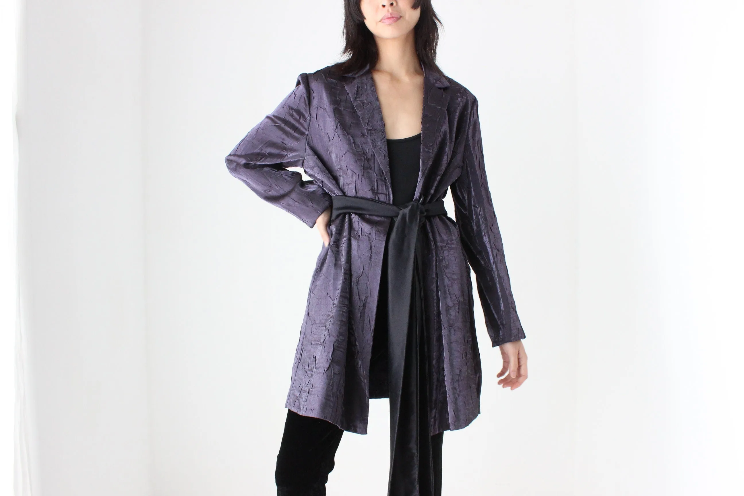 90s Deep Purple Metallic Crinkle Single Button Trench Coat