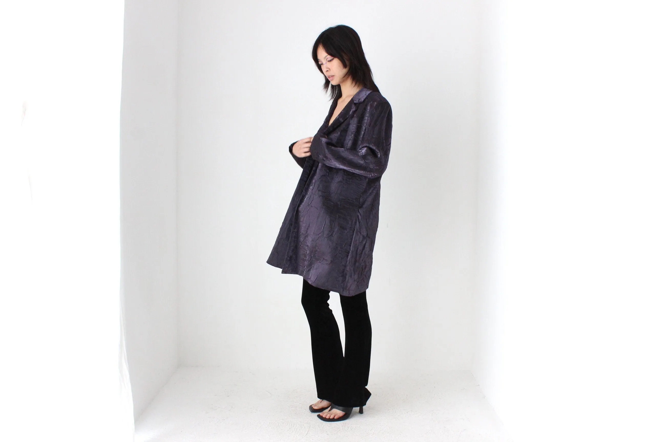 90s Deep Purple Metallic Crinkle Single Button Trench Coat
