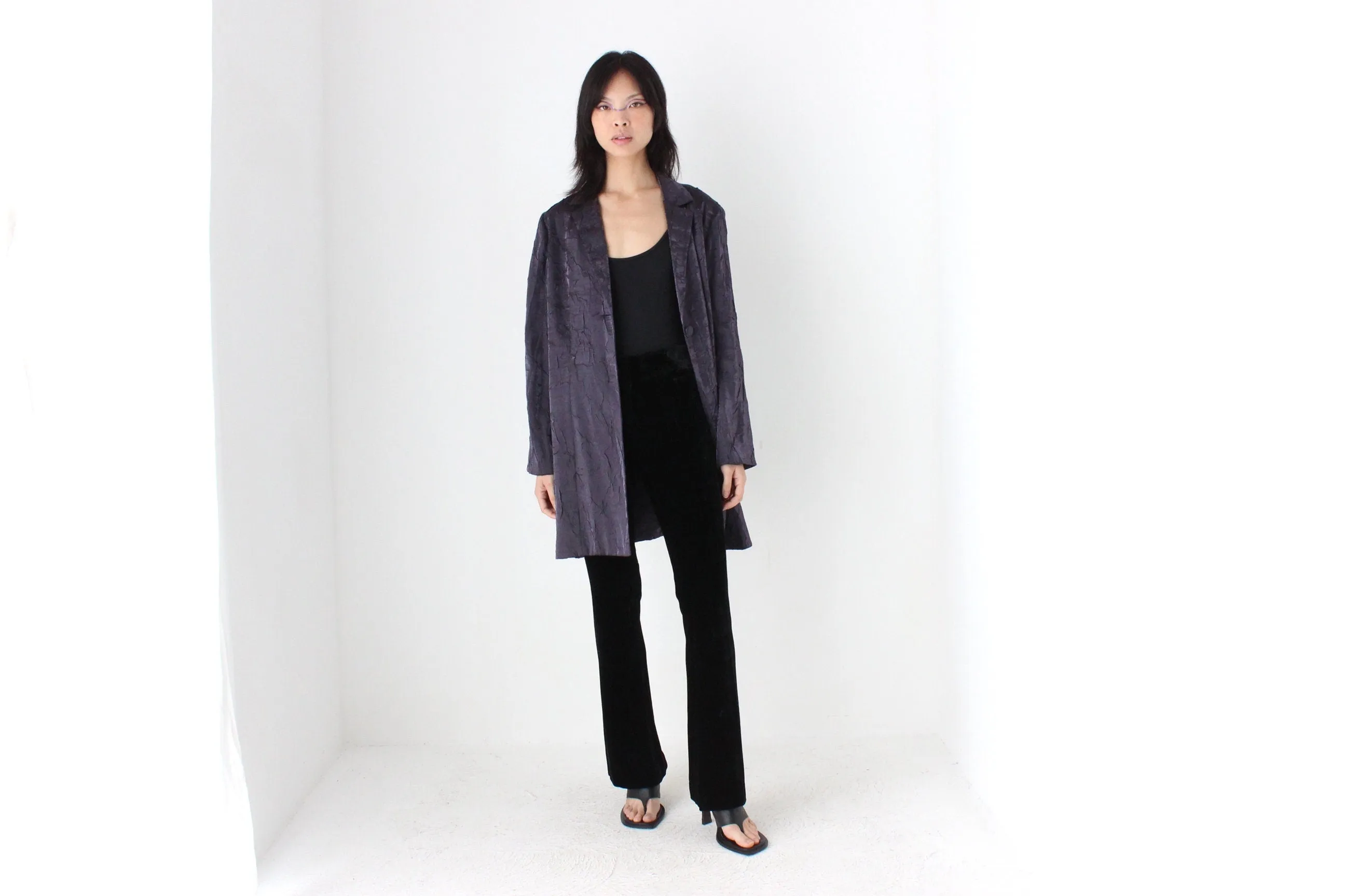 90s Deep Purple Metallic Crinkle Single Button Trench Coat