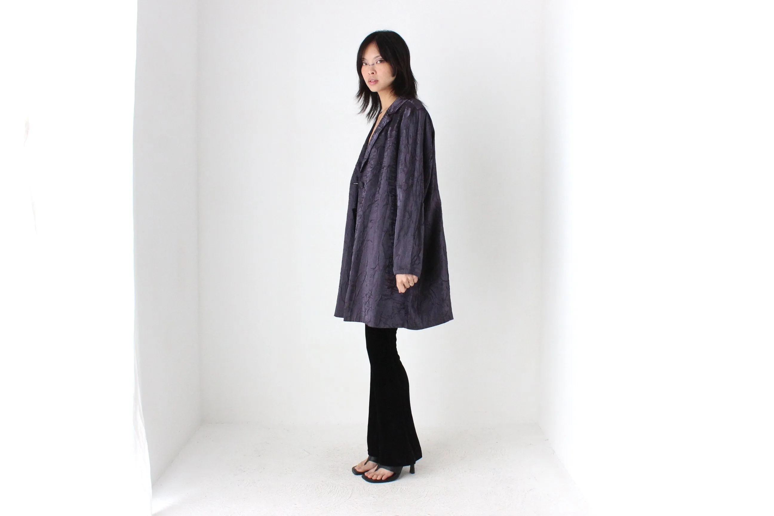 90s Deep Purple Metallic Crinkle Single Button Trench Coat