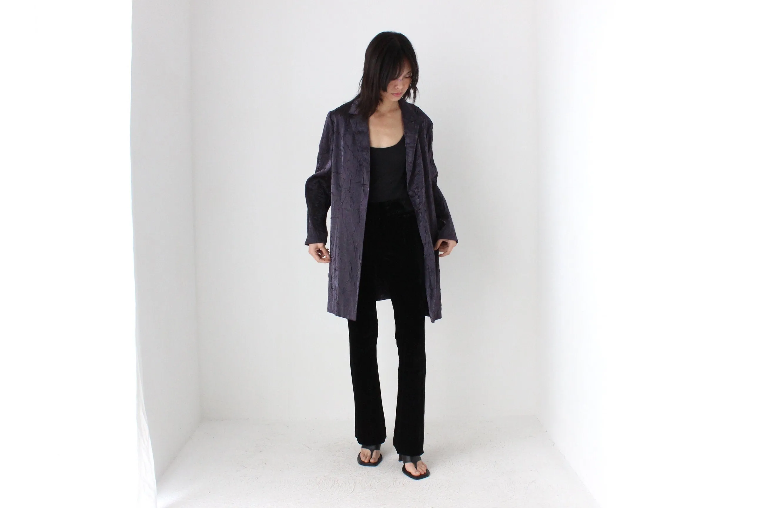 90s Deep Purple Metallic Crinkle Single Button Trench Coat