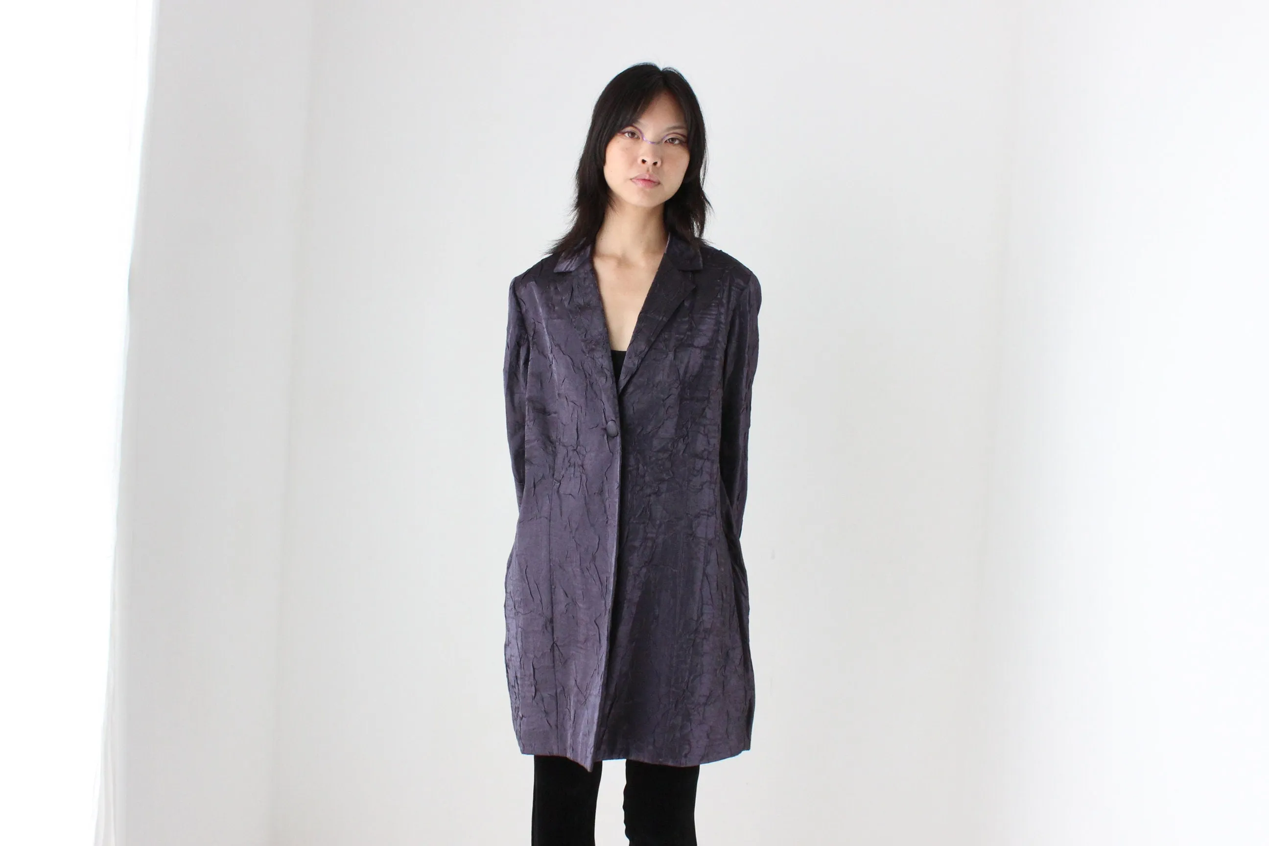 90s Deep Purple Metallic Crinkle Single Button Trench Coat