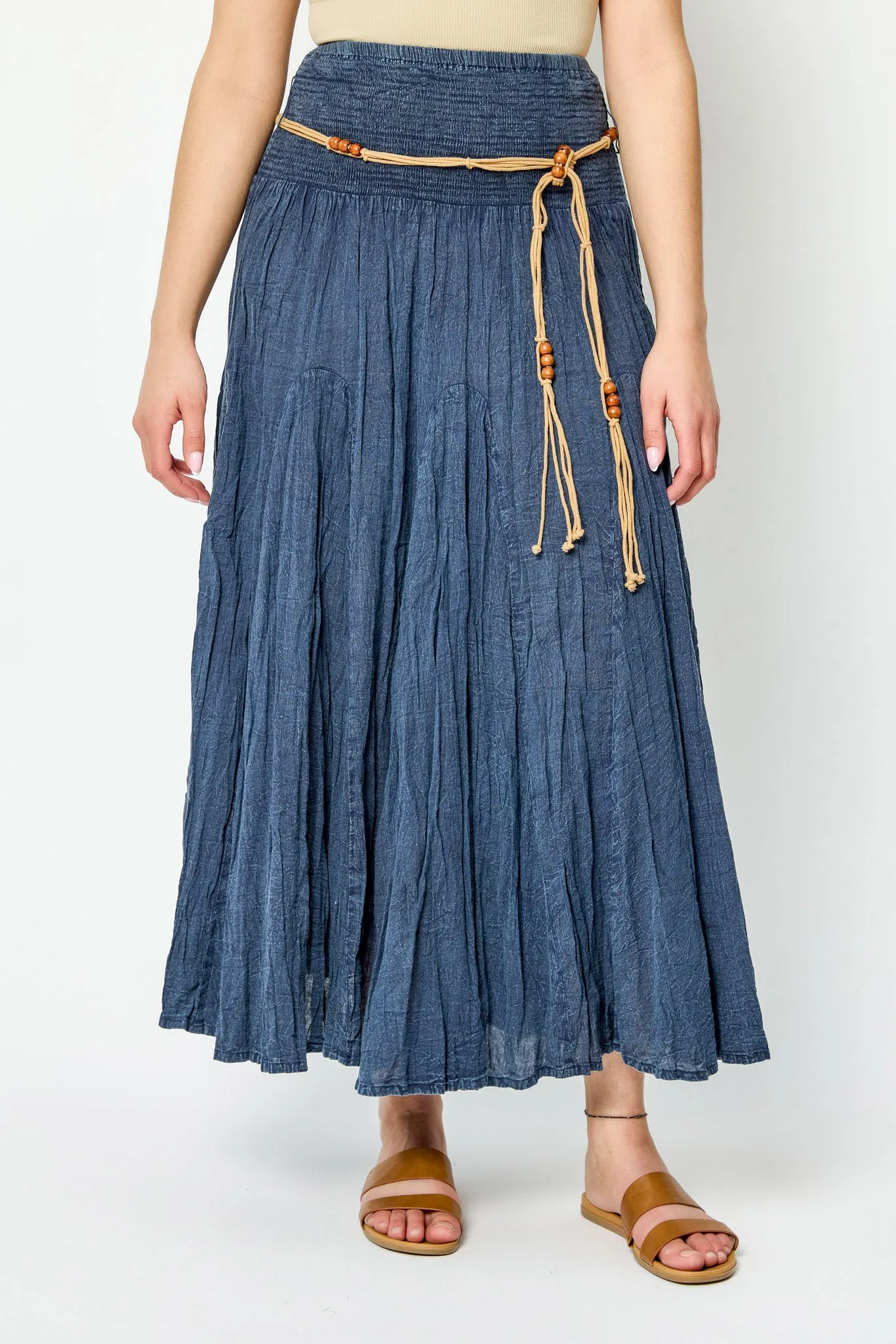 Acid Wash Cotton Voile Smocked Waist Maxi Skirt