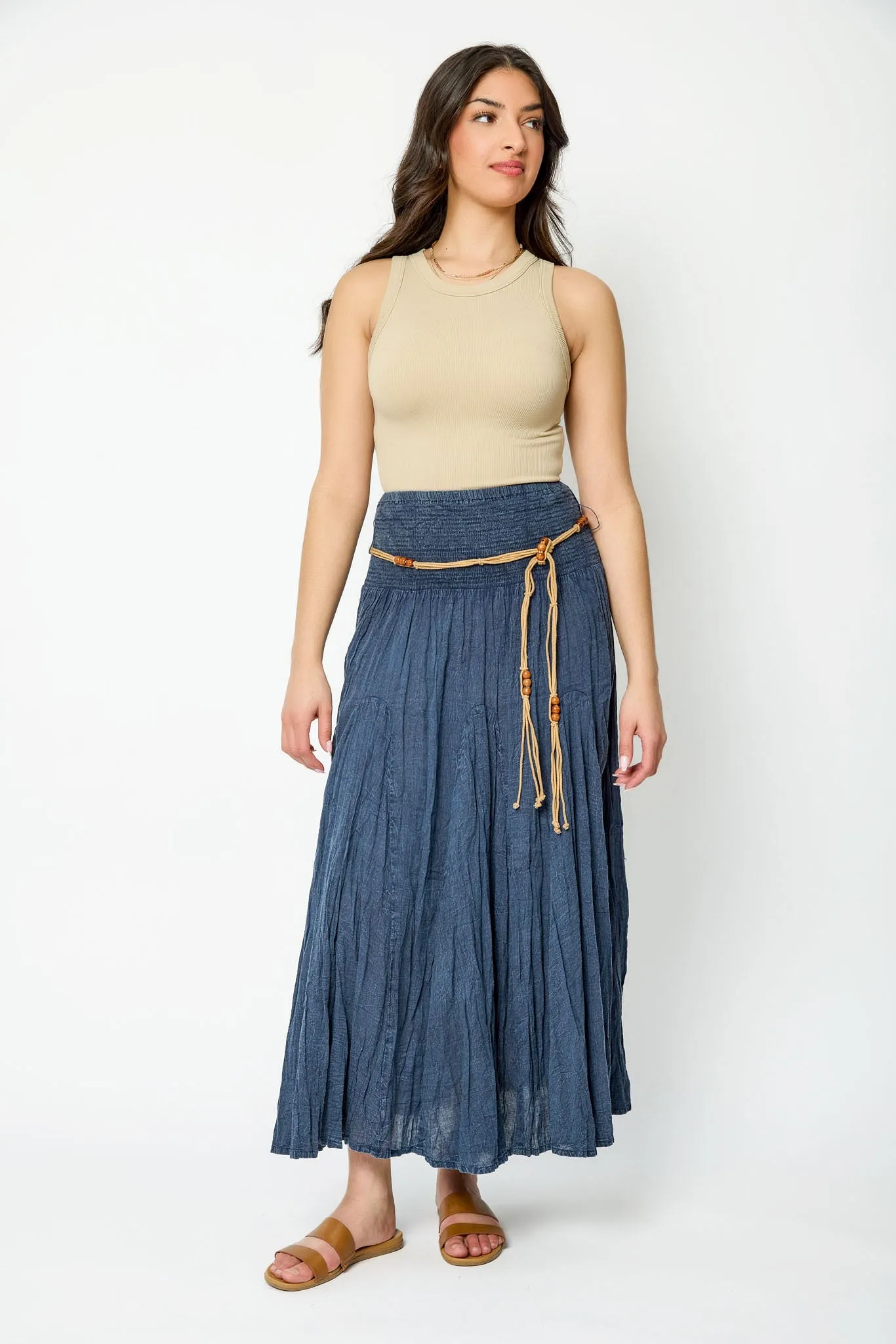 Acid Wash Cotton Voile Smocked Waist Maxi Skirt