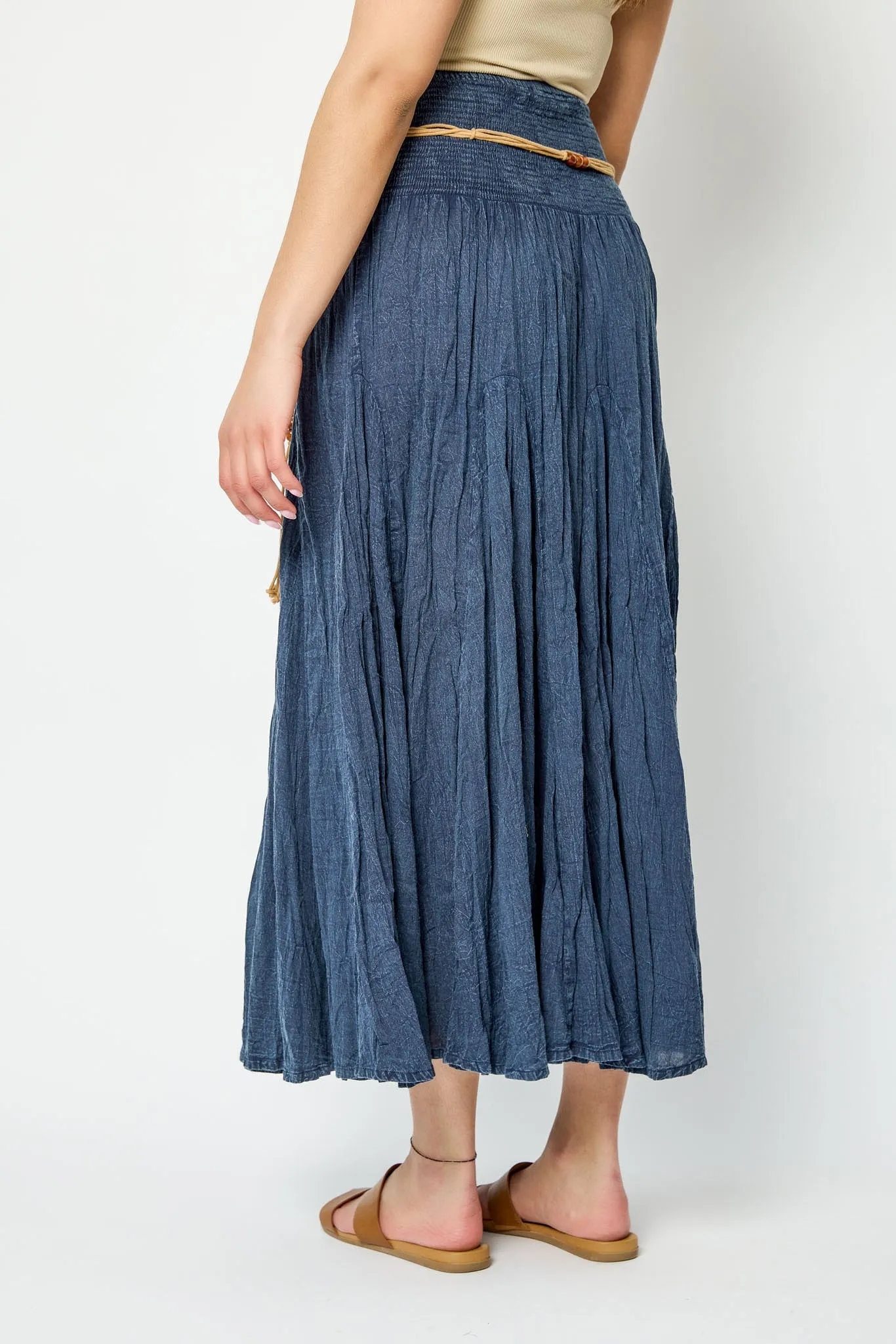 Acid Wash Cotton Voile Smocked Waist Maxi Skirt