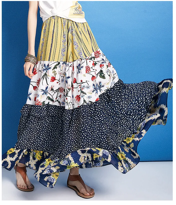ARTKA VINTAGE RUFFED CHIFFON MIXED PRINT MAXI SKIRT