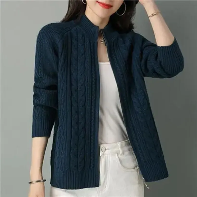 Autumn New Style Women's Knitted Cardigan Jacket: Solid Color Raglan Sleeve, Half High Collar, Thicken Sweater Coat with Zipper