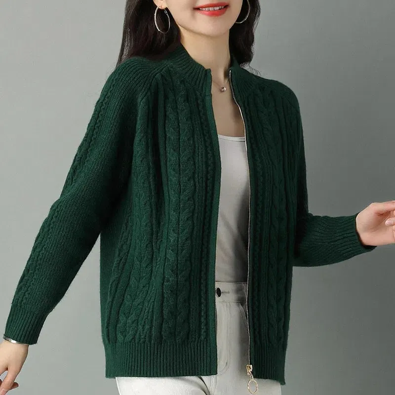 Autumn New Style Women's Knitted Cardigan Jacket: Solid Color Raglan Sleeve, Half High Collar, Thicken Sweater Coat with Zipper