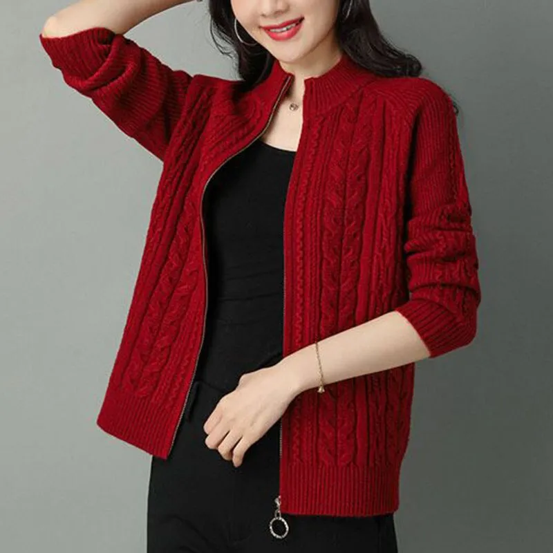 Autumn New Style Women's Knitted Cardigan Jacket: Solid Color Raglan Sleeve, Half High Collar, Thicken Sweater Coat with Zipper
