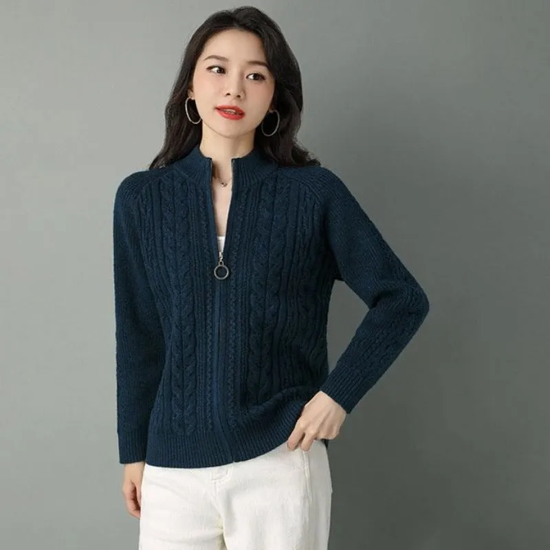 Autumn New Style Women's Knitted Cardigan Jacket: Solid Color Raglan Sleeve, Half High Collar, Thicken Sweater Coat with Zipper