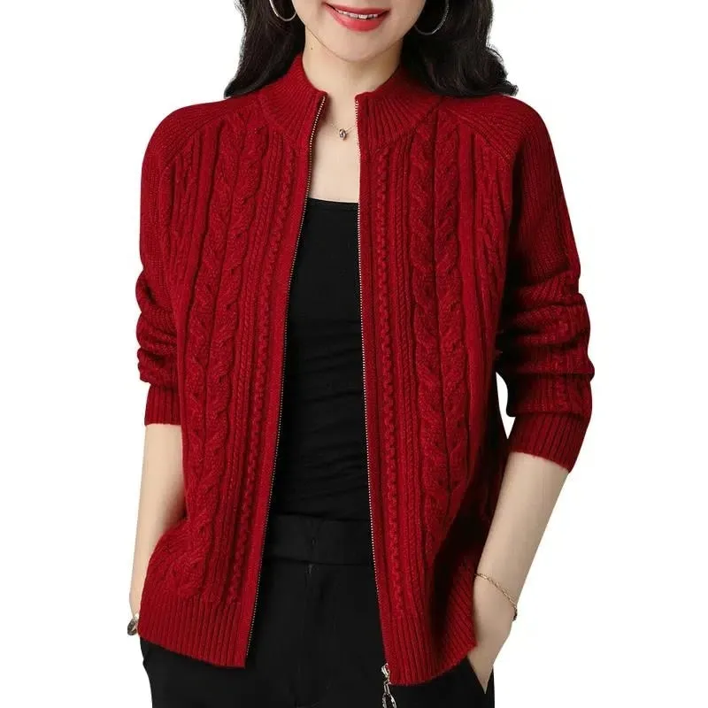 Autumn New Style Women's Knitted Cardigan Jacket: Solid Color Raglan Sleeve, Half High Collar, Thicken Sweater Coat with Zipper