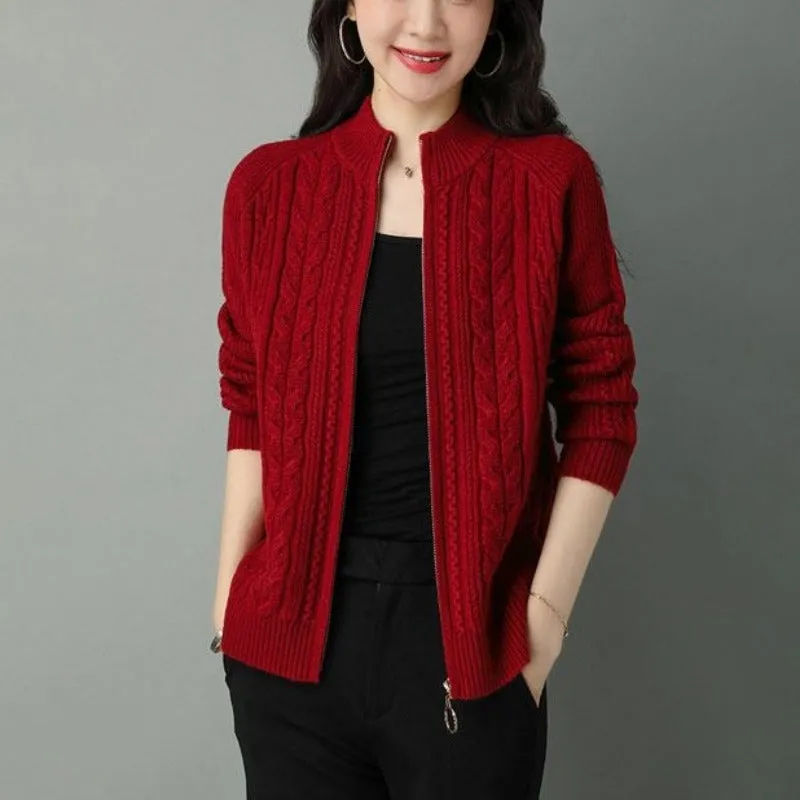 Autumn New Style Women's Knitted Cardigan Jacket: Solid Color Raglan Sleeve, Half High Collar, Thicken Sweater Coat with Zipper