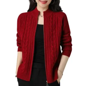 Autumn New Style Women's Knitted Cardigan Jacket: Solid Color Raglan Sleeve, Half High Collar, Thicken Sweater Coat with Zipper