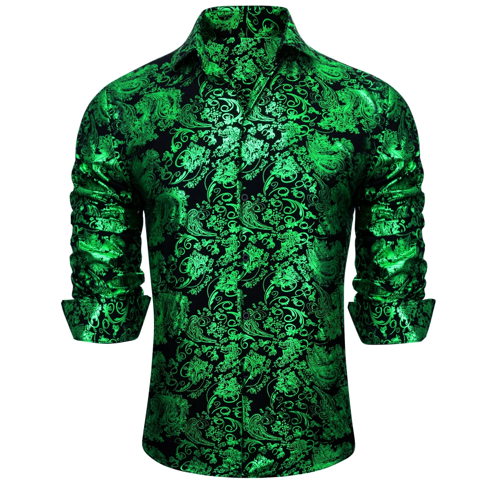 Barry Wang Light Green Black Paisley Silk button-down Shirt for Men