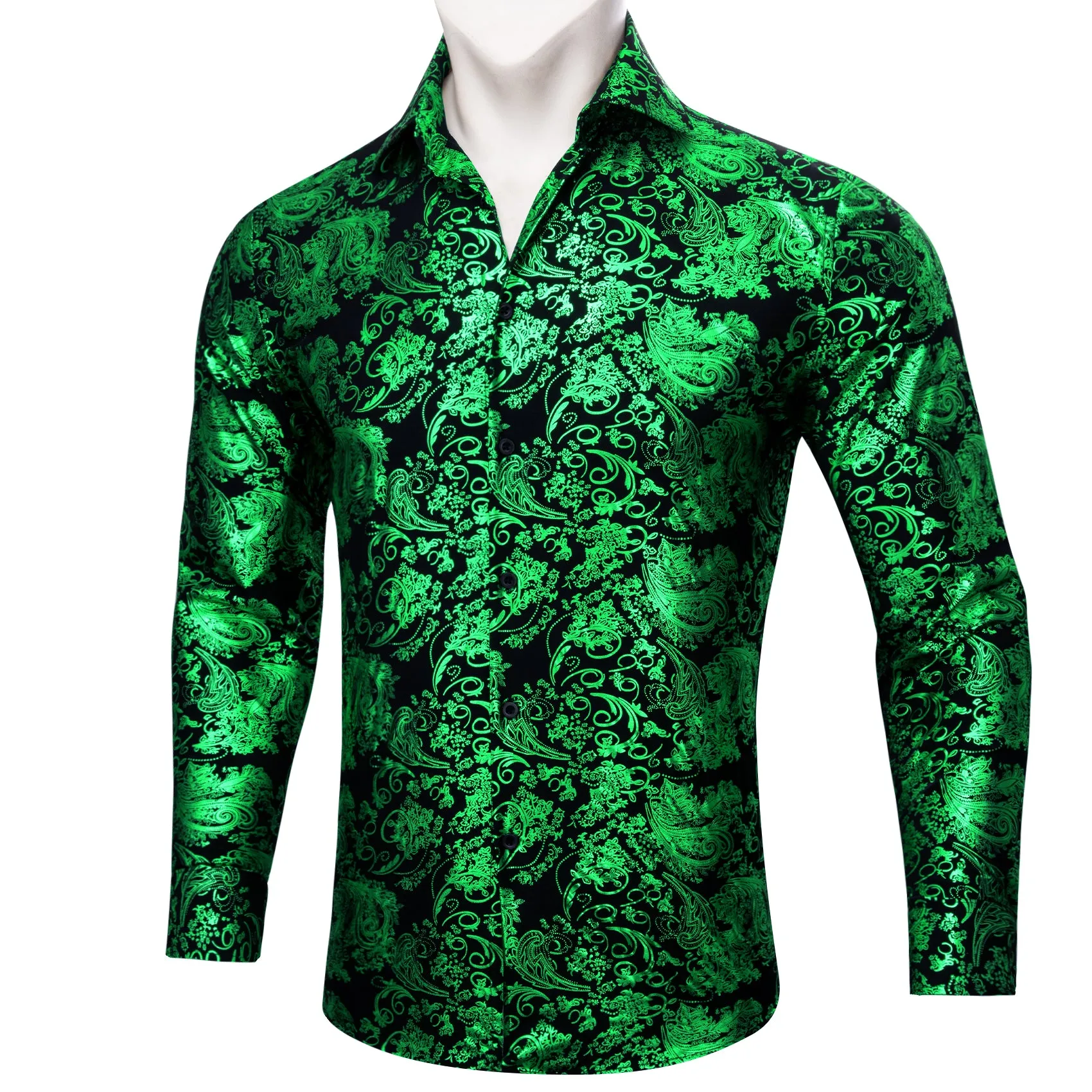 Barry Wang Light Green Black Paisley Silk button-down Shirt for Men