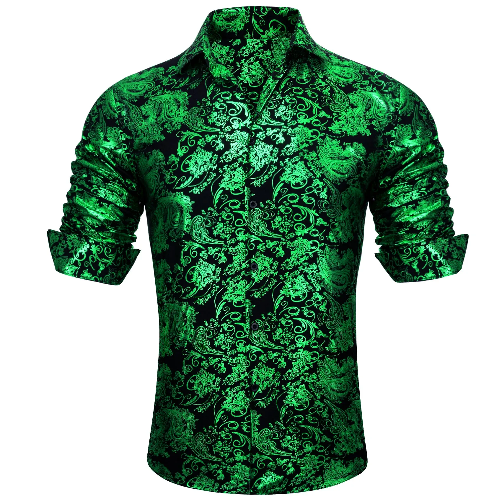 Barry Wang Light Green Black Paisley Silk button-down Shirt for Men