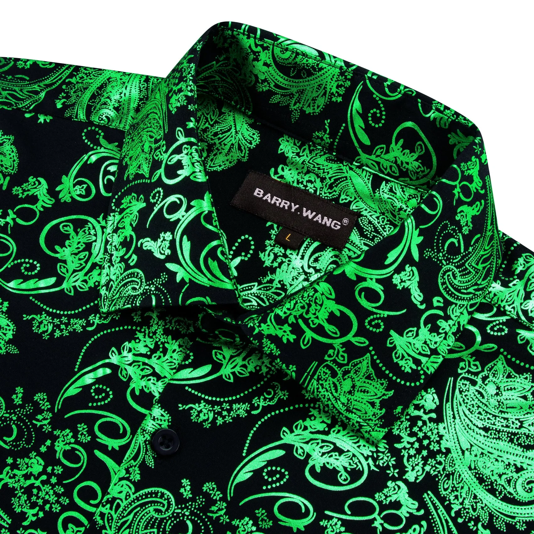Barry Wang Light Green Black Paisley Silk button-down Shirt for Men