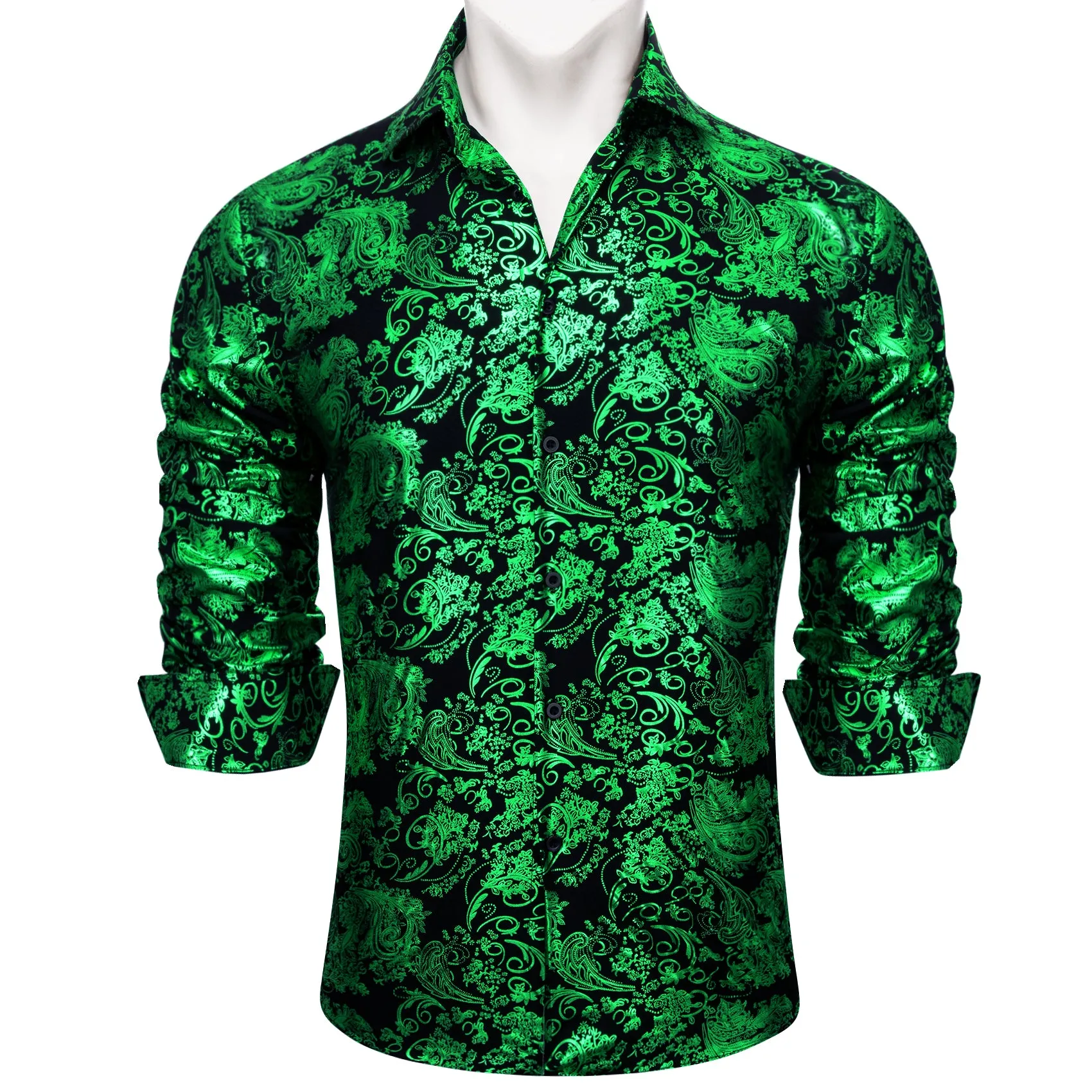 Barry Wang Light Green Black Paisley Silk button-down Shirt for Men