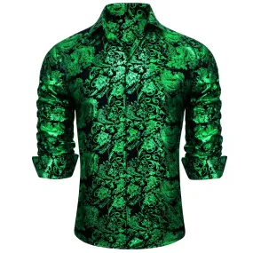 Barry Wang Light Green Black Paisley Silk button-down Shirt for Men