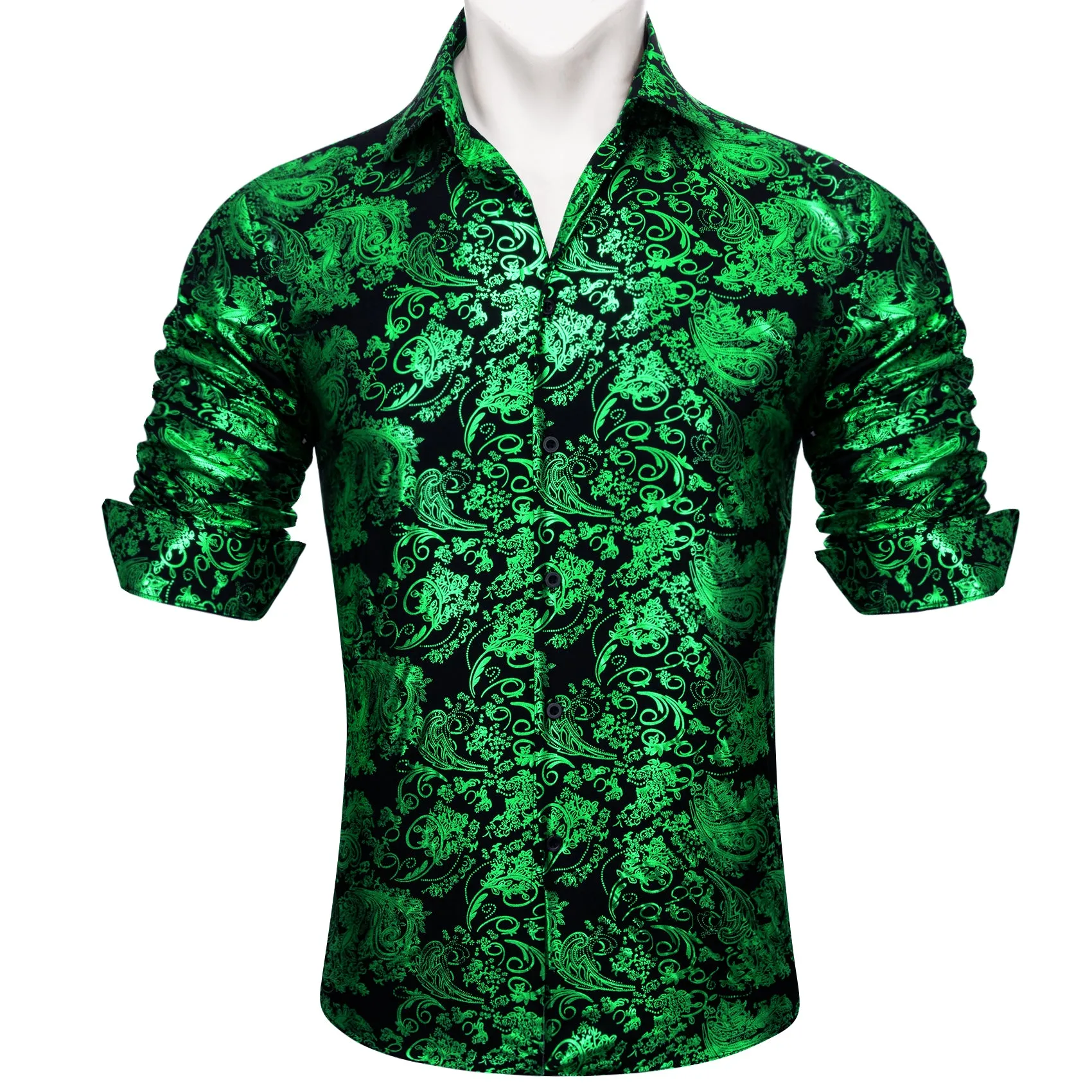 Barry Wang Light Green Black Paisley Silk button-down Shirt for Men