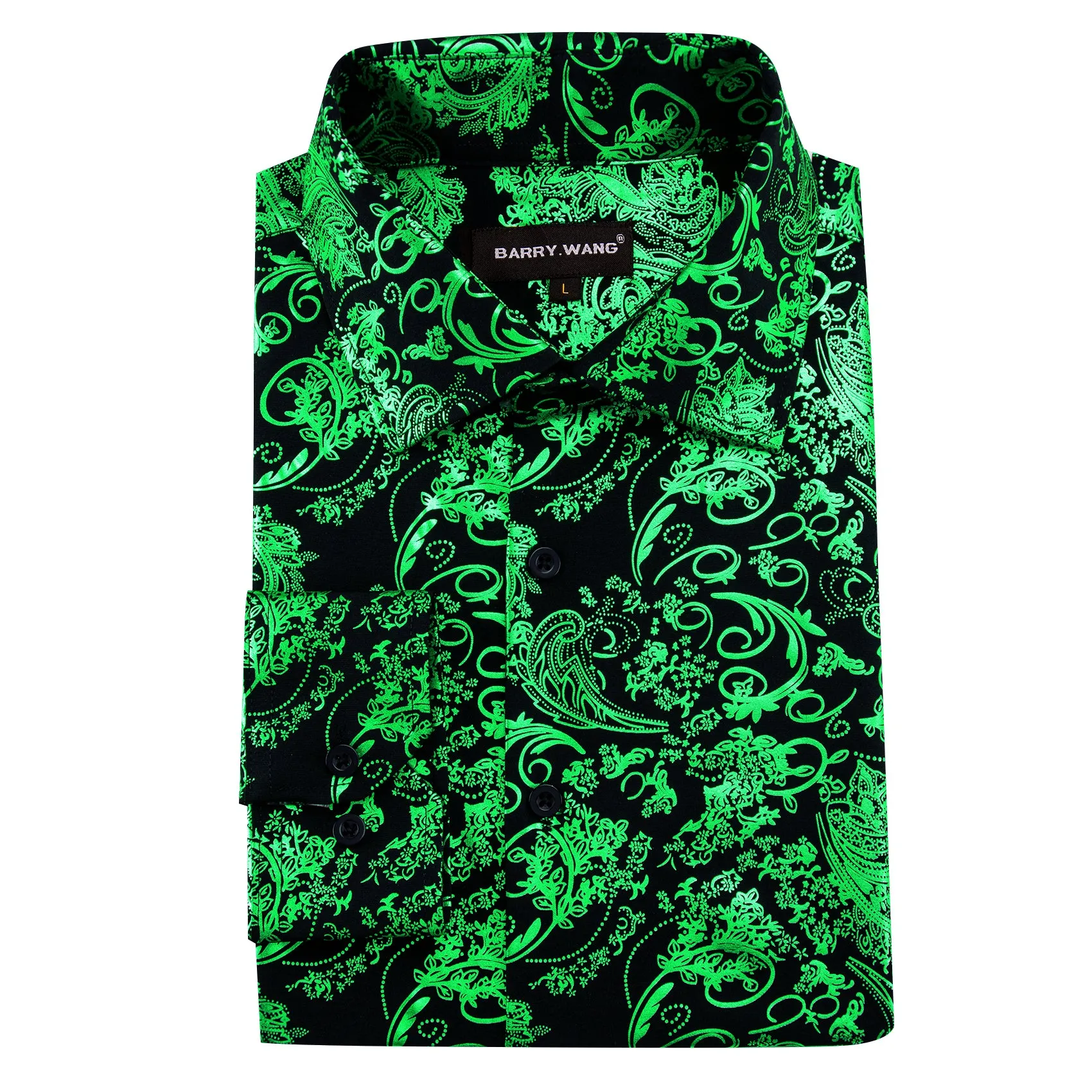 Barry Wang Light Green Black Paisley Silk button-down Shirt for Men