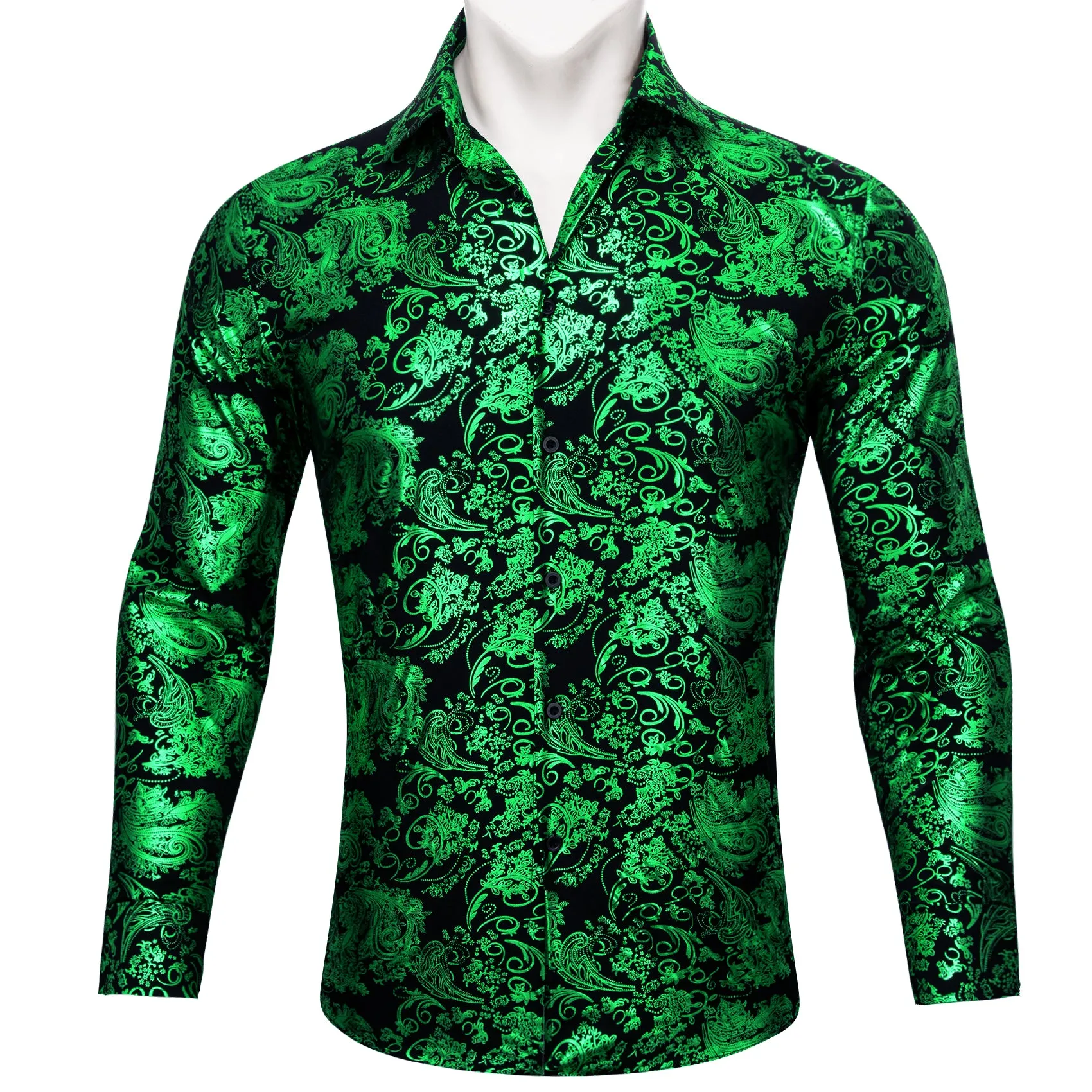 Barry Wang Light Green Black Paisley Silk button-down Shirt for Men