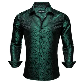 Barry Wang Men's Button Up Shirt Dark Green Paisley Long Sleeve Shirt