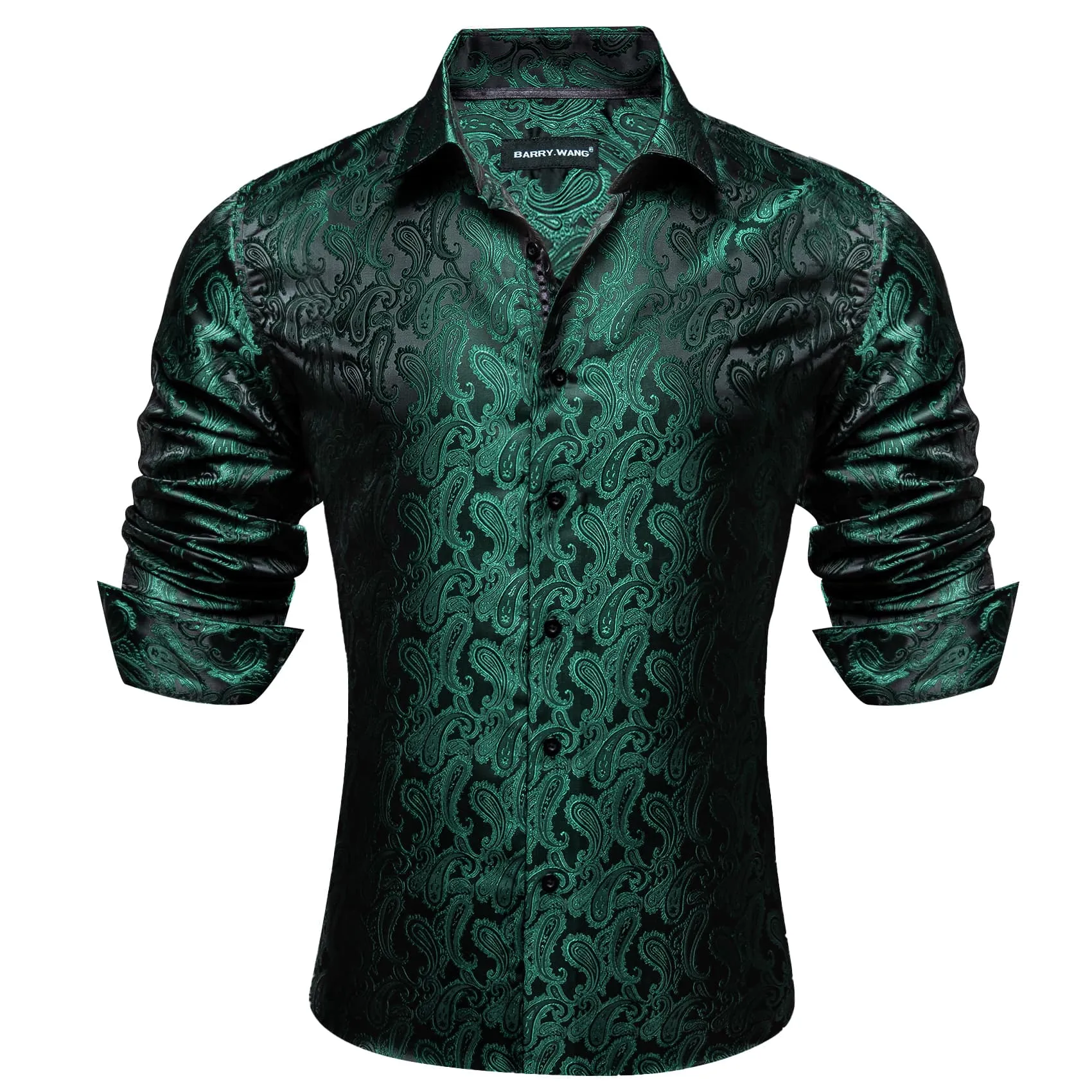 Barry Wang Men's Button Up Shirt Dark Green Paisley Long Sleeve Shirt