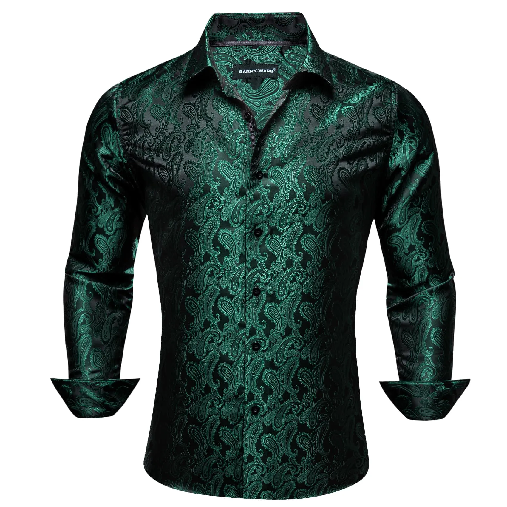 Barry Wang Men's Button Up Shirt Dark Green Paisley Long Sleeve Shirt
