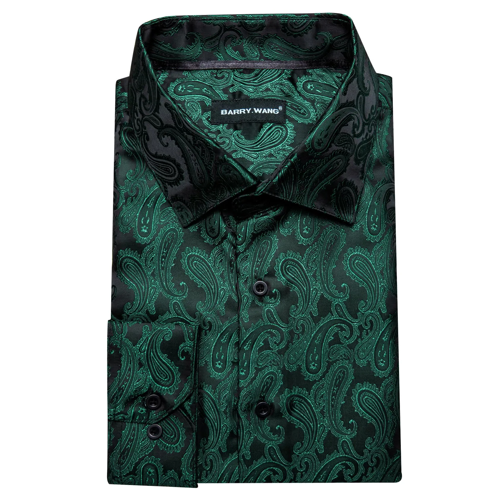 Barry Wang Men's Button Up Shirt Dark Green Paisley Long Sleeve Shirt