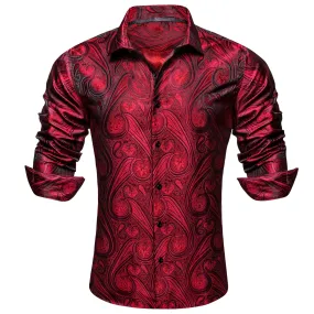 Barry.Wang Burgundy Red Mens Shirt Button Up Long Sleeve Silk Shirts for Men