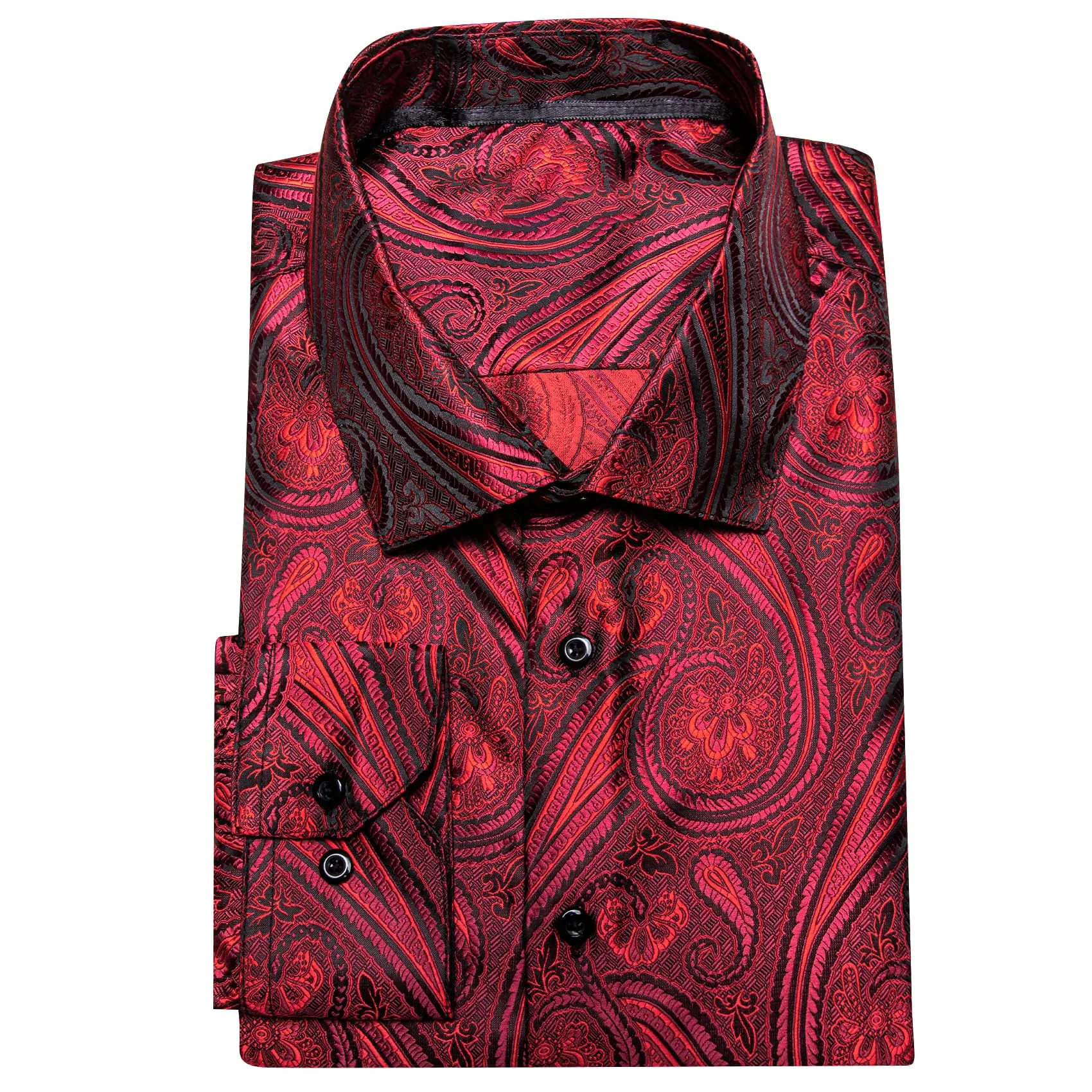 Barry.Wang Burgundy Red Mens Shirt Button Up Long Sleeve Silk Shirts for Men