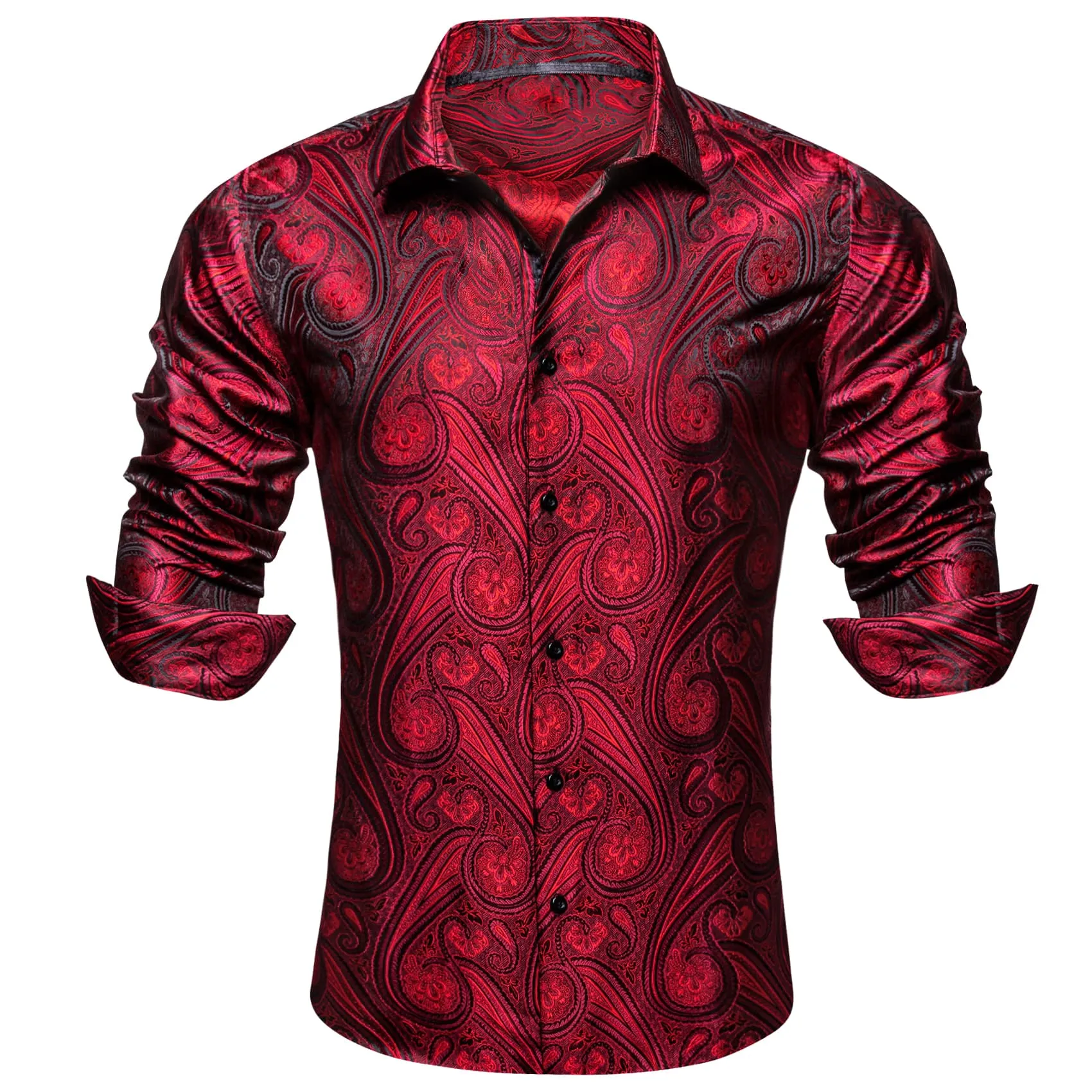 Barry.Wang Burgundy Red Mens Shirt Button Up Long Sleeve Silk Shirts for Men