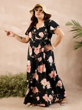 Berrylush Curve Women Black & Pink Floral Printed V-Neck Flutter Sleeves Waist Tie-Up Flared Maxi Dress