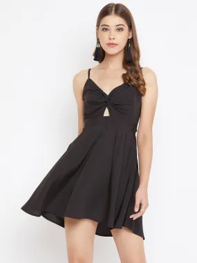 Berrylush Women Solid Black Front Twisted Knot Fit & Flare Mini Dress