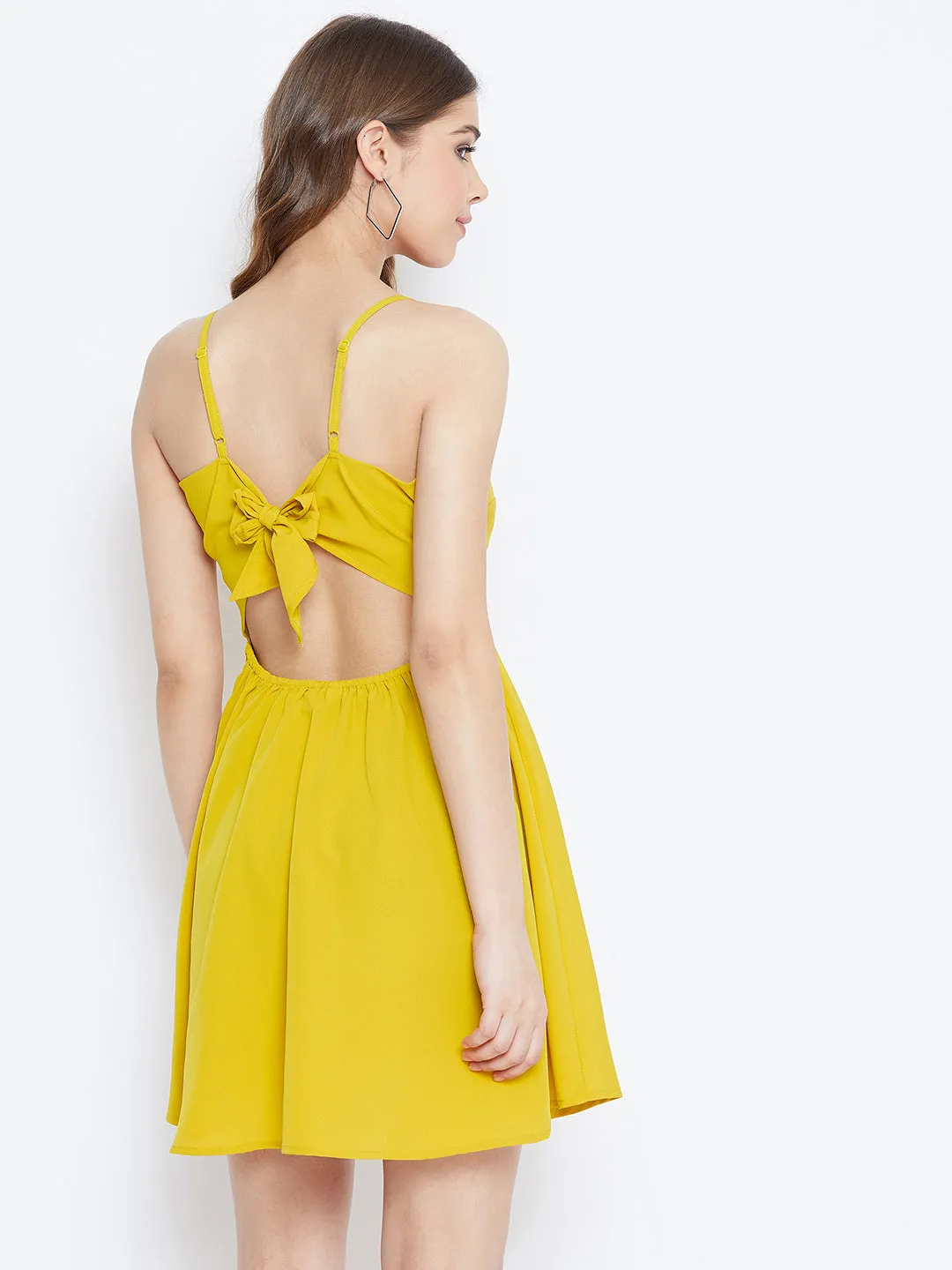 Berrylush Women Solid Yellow Front Twist Knot Fit & Flare Mini Dress