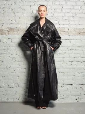 BLACK CAPED LEATHER LONG TRENCH