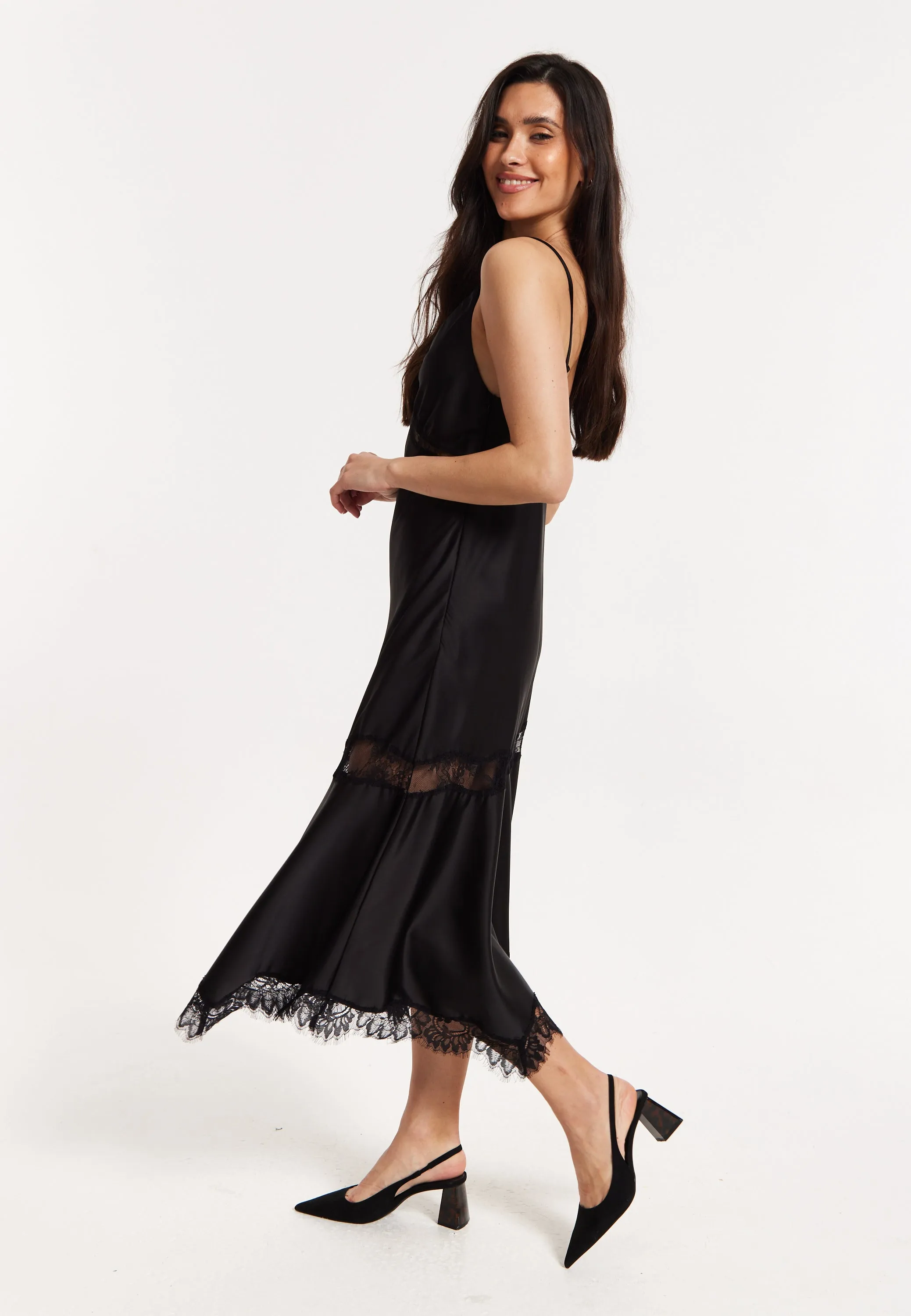 Black Satin Lace Midi Slip Dress