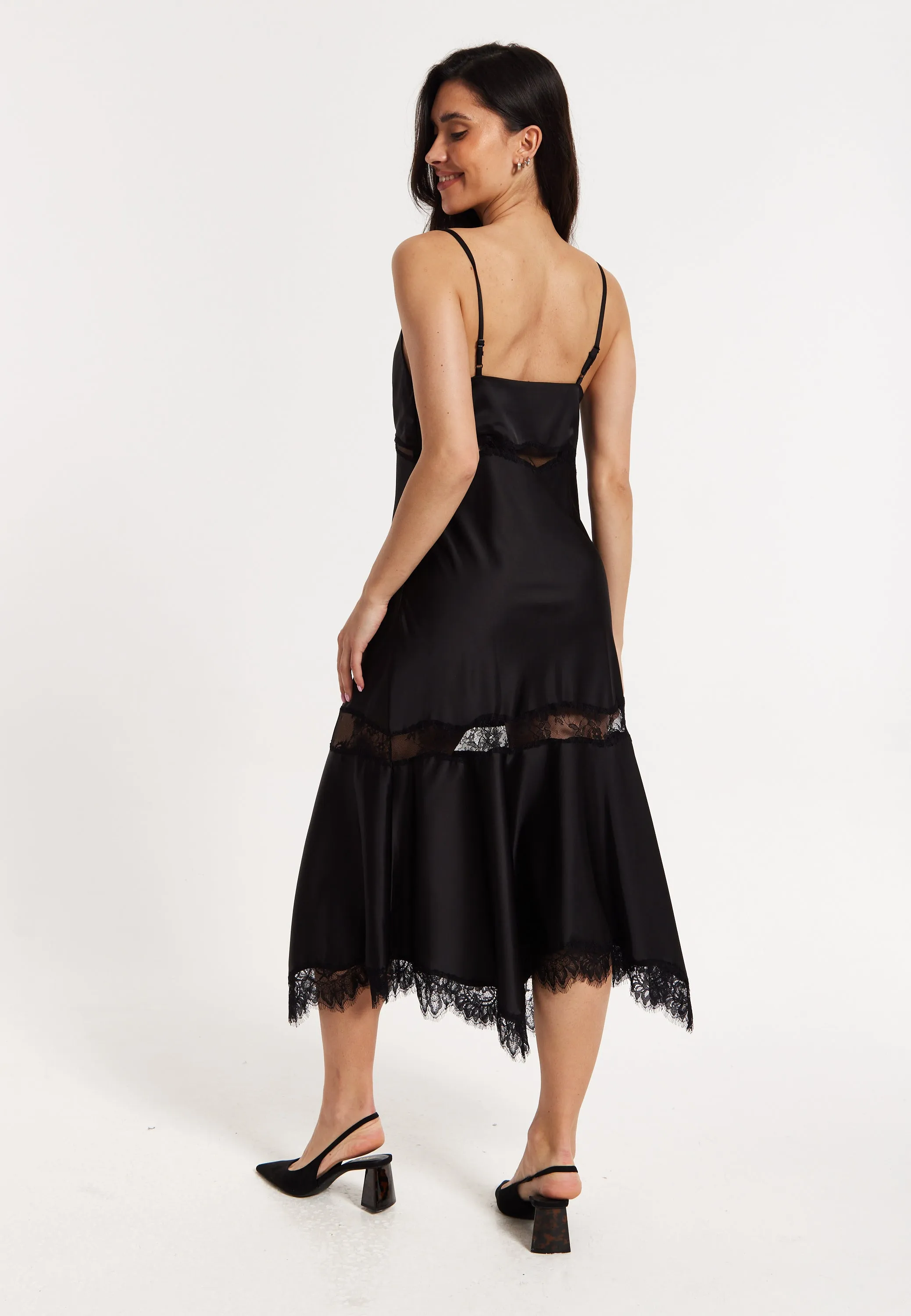 Black Satin Lace Midi Slip Dress